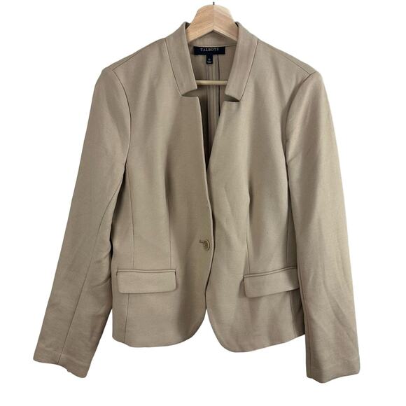 Talbots Ponte Knit Tan Khaki Collarsless Blazer Jacket 12 L Large - Picture 1 of 7
